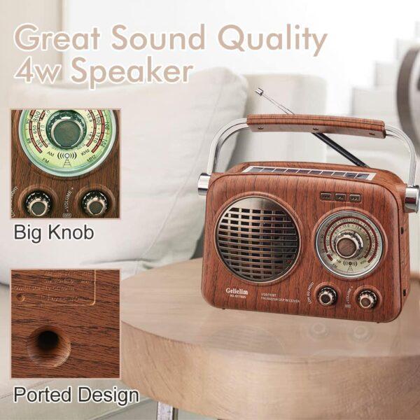 Gelielim Retro Shortwave Radio Portable AM FM Radio Battery  Operated Vintage Radio with Bluetooth Speaker, Rechargeable Solar Radio, TF  Card USB Disk Player, Large Tuning Knob for Home Kitchen Outdoor 